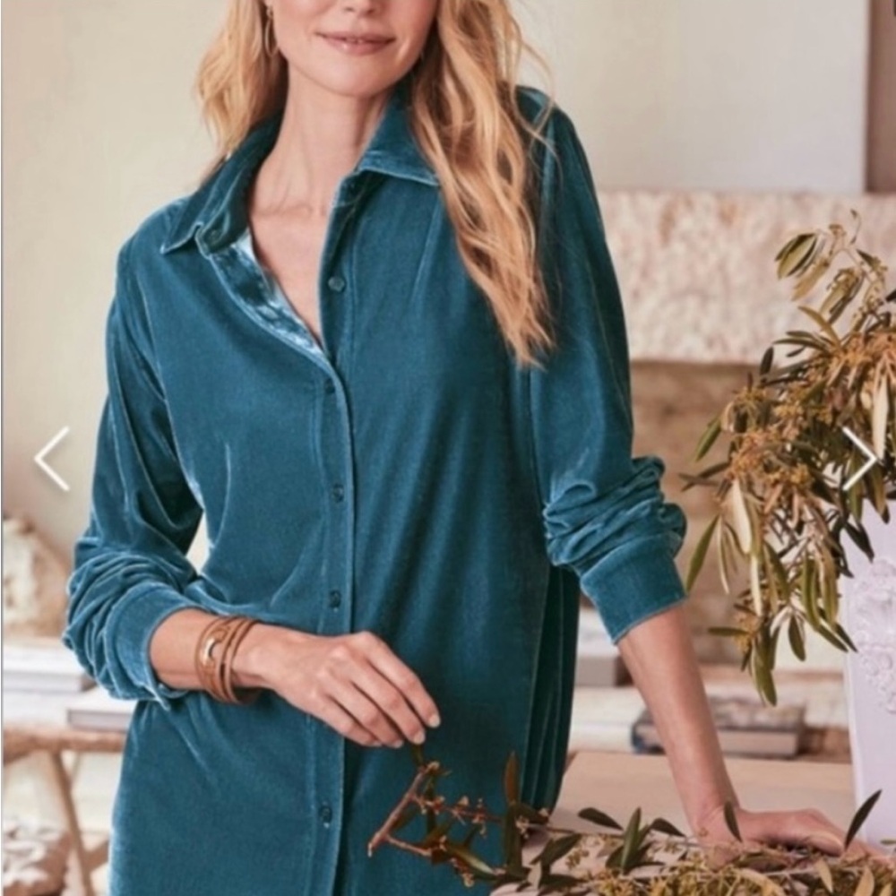 Soft Surroundings Velvet Boyfriend Tunic Shirt - Teal - Medium